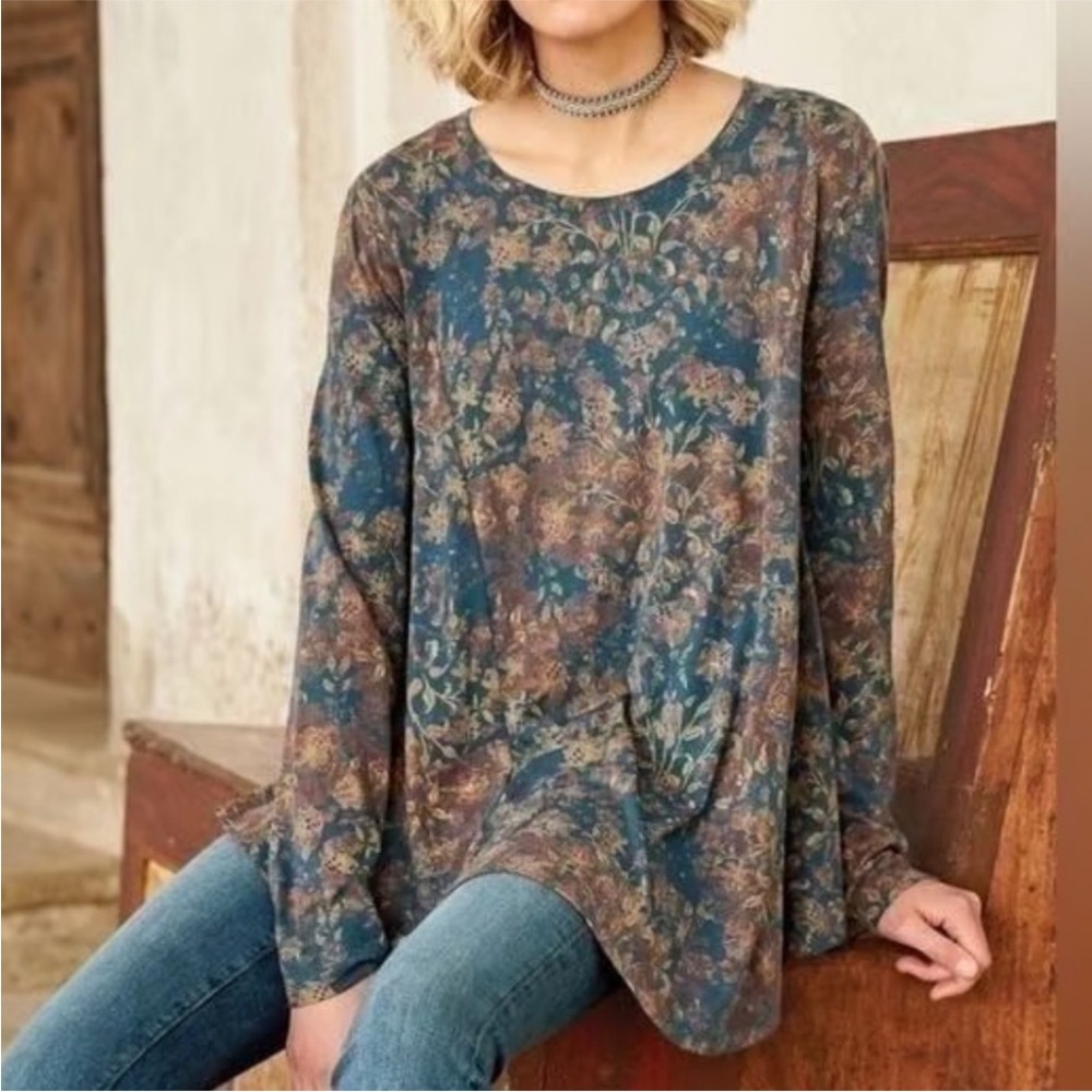 Peruvian Connection Twilight Meadow Boatneck Long Sleeve Pima Cotton Modal Top
